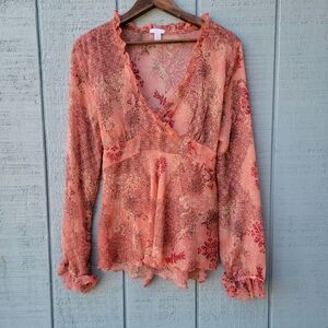 y2k Apt. 9 Floral Empire Waist Ruffle Accent Babydoll Sheer Top sz M Pink Red